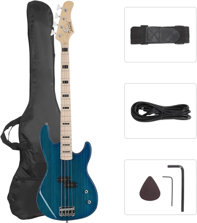 GLARRY GP Series Full Size Electric Bass Guitar 4 String Beginner Kit Canadian Maple Fingerboard with Cable, Strap, Bag and Accessories(Blue)