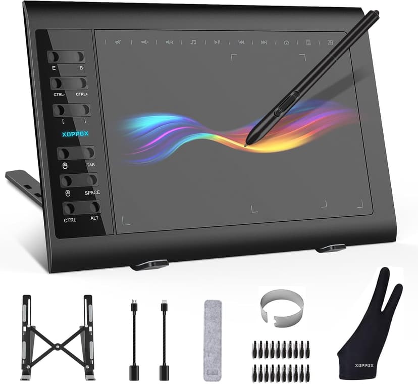 XOPPOX Graphics Drawing Tablet, 10×6 Inch Large Active Area with Battery-Free Stylus, 8192 Levels of Pen Pressure and 12 Hot Keys, Compatible with PC/Mac/Android for Painting, Design & Online Teaching