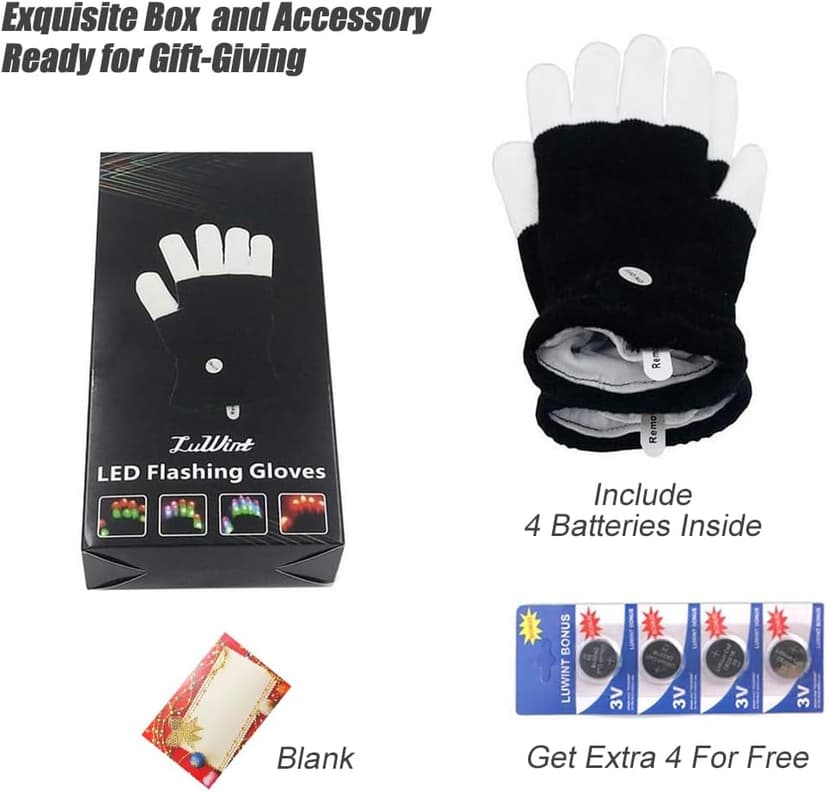 Luwint LED Light Up Rave Gloves for Adults & Teens, Flashing Party Accessories Gift Ideas​ for Halloween Christmas Dance