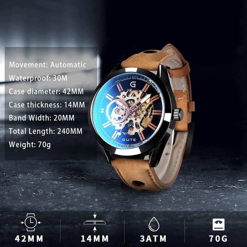 GLEIM Gute Mens Watches, Mechanical Skeleton Automatic Self-Winding Steampunk Watch for Men, Casual Clock Brown Leather Wrist Watch