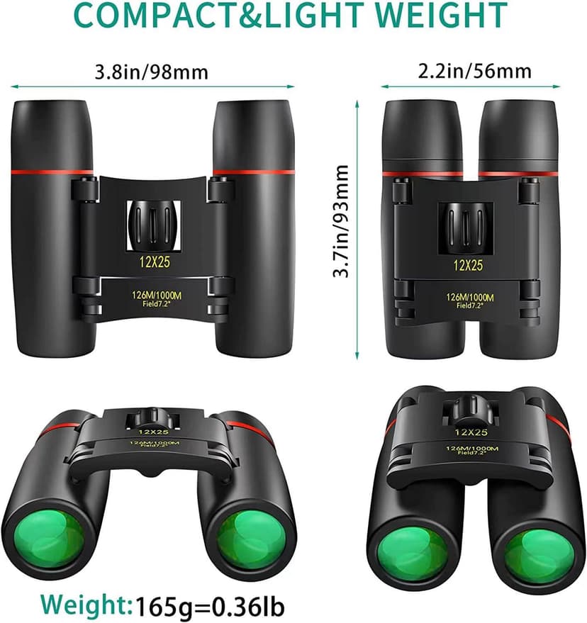 POLDR 12X25 Small Pocket Binoculars Compact Adults, Mini Kids Binoculars Boys for Bird Watching, Concert Theater Opera