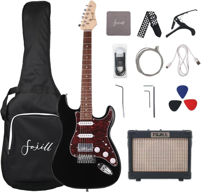 Fojill HSS Pickup 39 Inch Full Size Electric Guitar Kit Set Beginner Starter Combo Package Bundle 10W Battery Power Bluetooth Amplifier Amp Bag,Picks, Cable, Strap, Extra Strings
