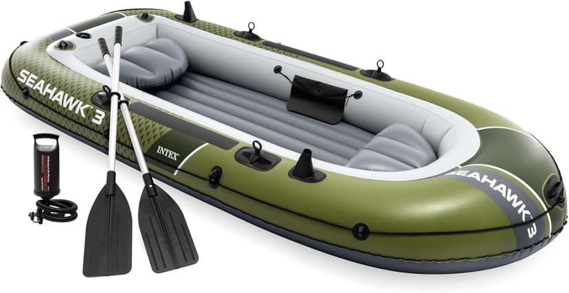 INTEX Seahawk Inflatable Boat Series: Includes Boat Oars and High-Output Pump - Fishing Rod Holders - Gear Pouch
