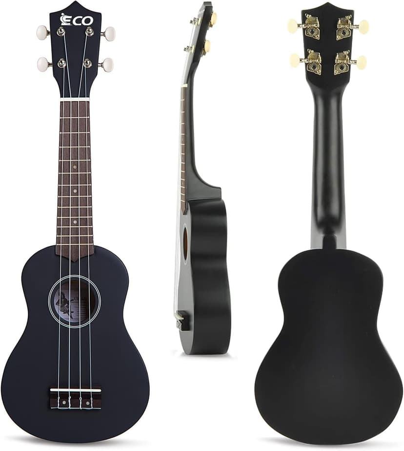 iECO Soprano Ukulele Beginner Kit Adults 21 Inch Ukelele w/Case Strap Tuner Strings Picks (Black)