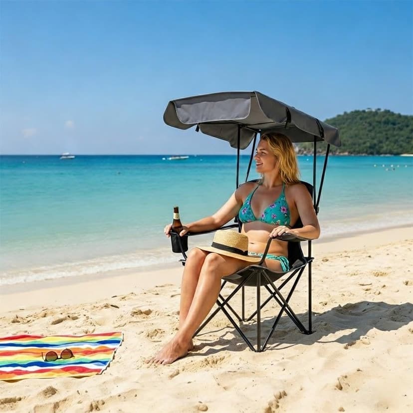 FAIR WIND Portable Canopy Camping Chair 380 LBS Capacity Heavy Duty Oversized Folding Lawn Chair with Sunshade for Beach, Fishing, Sports & Outdoors