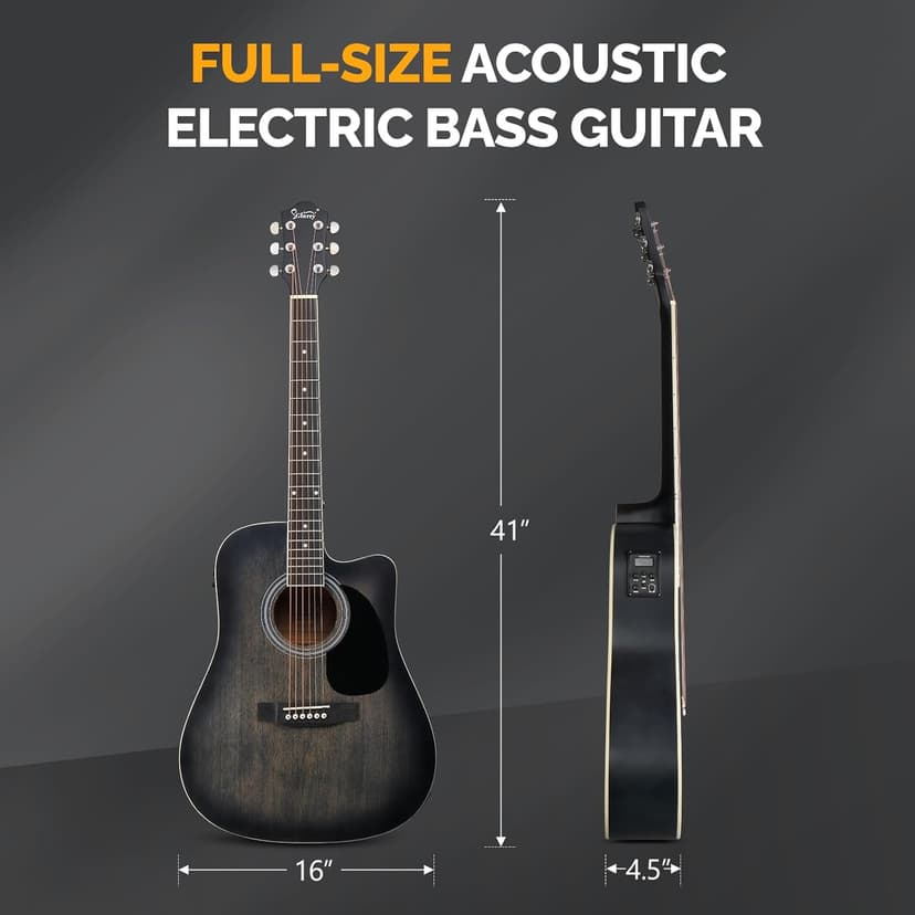 GLARRY Full Size 6 Strings Acoustic Electric Guitar Beginner Kit, Cutaway 41 Inch Electric Acoustic Guitar w/Inbuilt Tuner, Bag, Strap, Picks, Strings, Basswood Guitarra, Matte Distressed Black