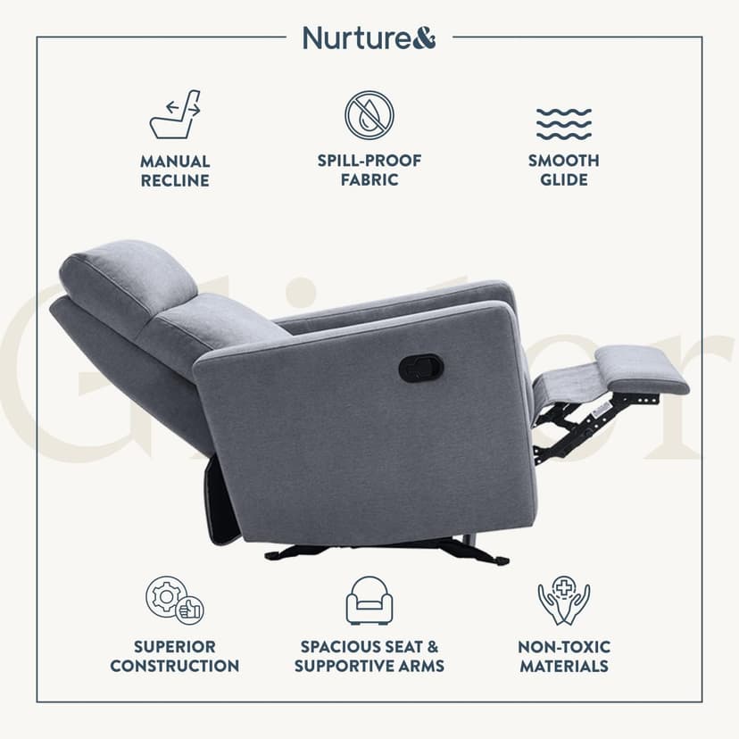 Nurture& The Manual Glider Premium Modern Recliner Nursery Glider Chair with Spill, Stain Proof Fabric | Designed with a Thoughtful Combination of Function and Comfort | Water Repellant (Gray)