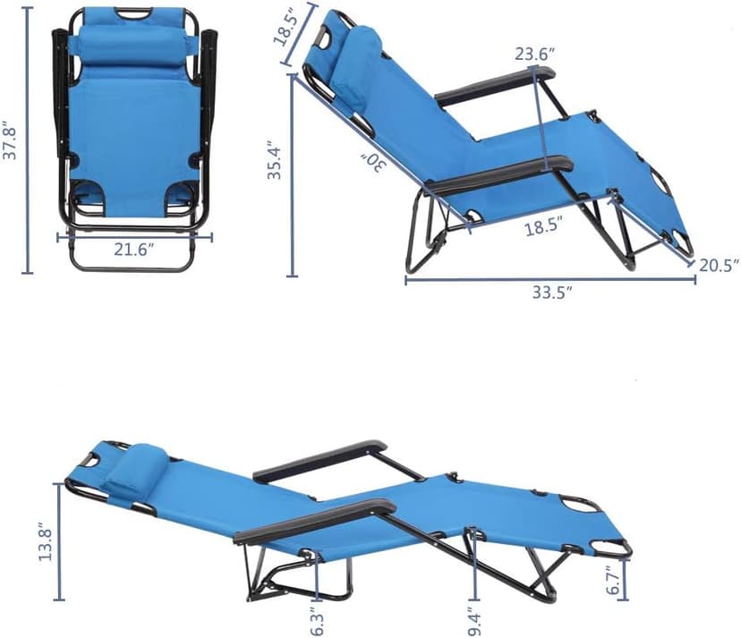 Indoor/Outdoor Stable Beach Chair, Lounge for Beach Patio Pool Lawn Yard Sunbathing Sun Tanning Adjustable Portable Chair, 330lbs Capacity, Blue