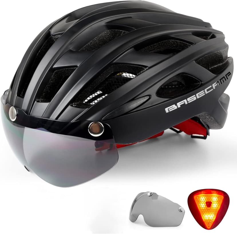 Bike Helmet, Basecamp Bicycle Helmet with Rear Light & Detachable Magnetic Goggles Lightweight Cycling Helmet Adjustable for Adult Men Women Mountain & Road (BC-069)