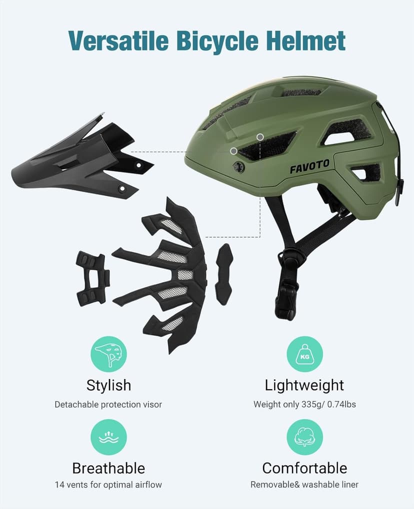 Favoto Adult Mountain Bike Helmet for Men & Women, Magnetic Buckle MTB Helmet with Removable Visor, Lightweight for Commuting & Off-Road Cycling