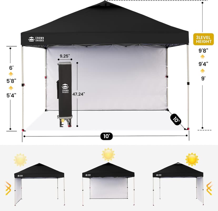 CROWN SHADES 10x10 Pop Up Canopy with 1 Side Wall - Beach Tent with One Push Setup - Outdoor Sun Shade for Events, Parties, Camping - Gazebo with STO-N-Go Cover Bag (Black)