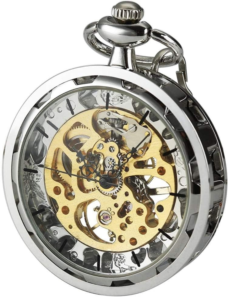 VIGOROSO Mens Classic Steampunk Pocket Watch with Chain Skeleton Hand Wind Mechanical Pocket Watches for Men & Women
