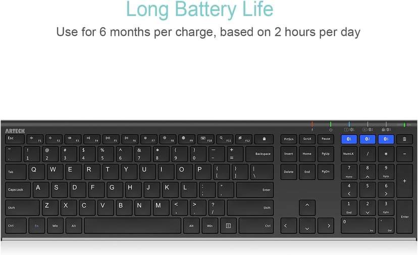 Arteck HB192 Universal Bluetooth Keyboard Multi-Device Stainless Steel Full Size Wireless Keyboard for Windows iOS Android Computer Desktop Laptop Surface Tablet Smartphone Rechargeable Battery