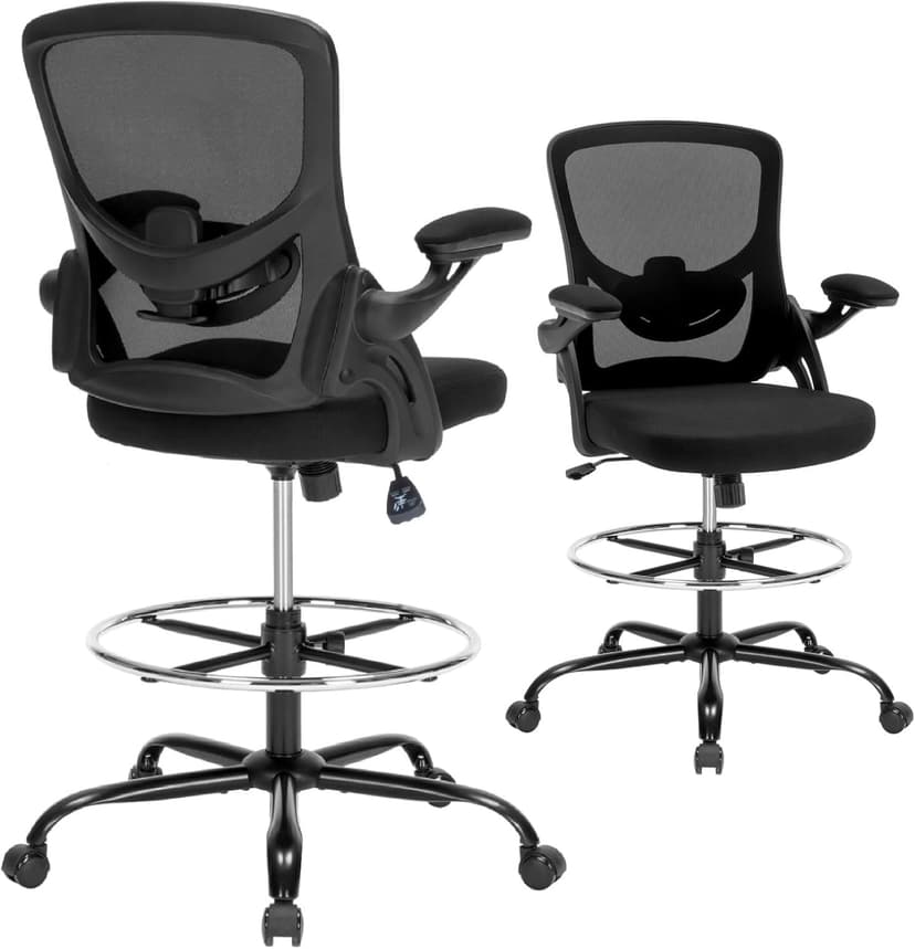 Drafting Chair, Tall Office Chair for Standing Desk, Ergonomic Standing Desk Chair with Flip-up Armrests, Counter Height Office Chair with Footrest and Adjustable Lumbar Support
