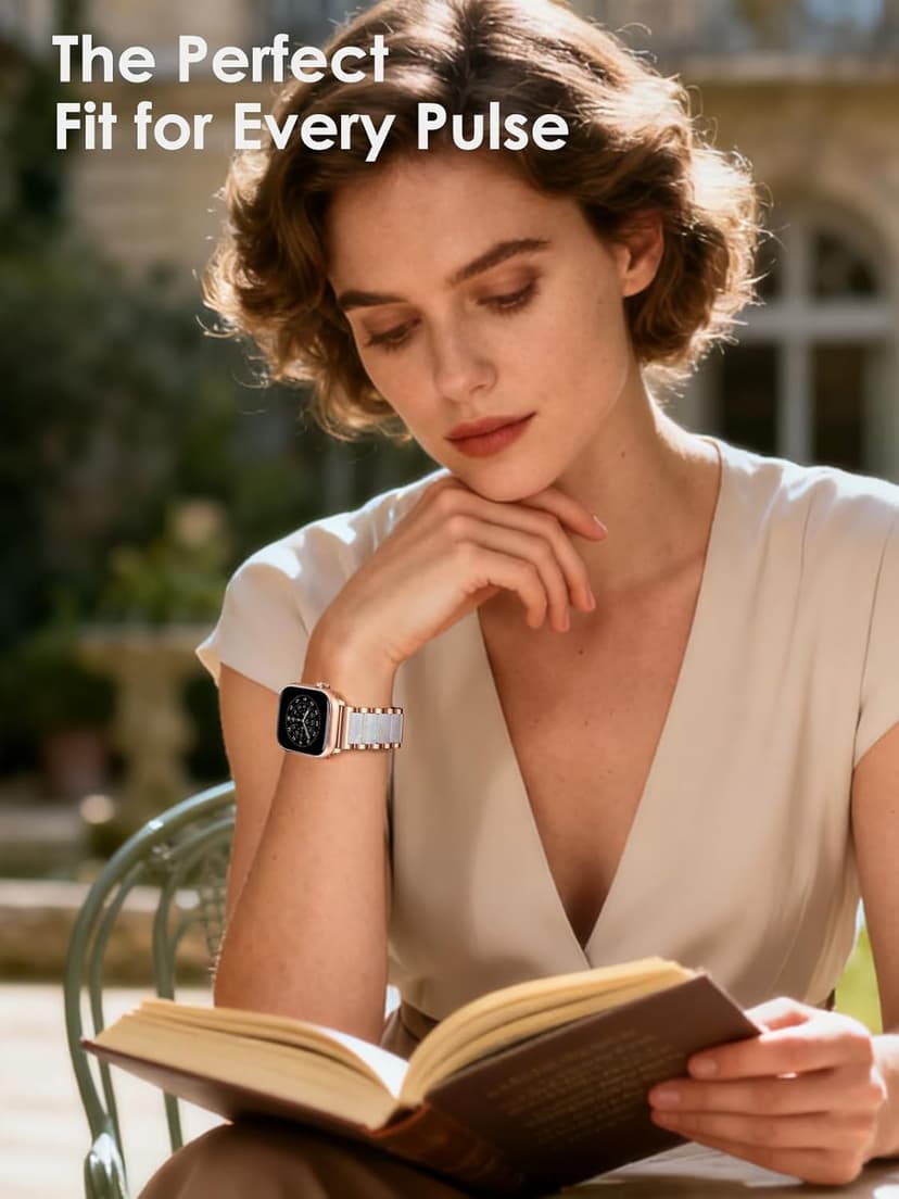 V.R.HOPE Apple Watch Band for Women 38mm 40mm 41mm 42mm Fashion Rose Gold Stainless Steel Metal Strap with Resin Inlay, Fashion Bracelet Compatible with iWatch Series 11/10/9/8/7/6/5/4/3/2/1/SE (Fluorescent White+Rose Gold)