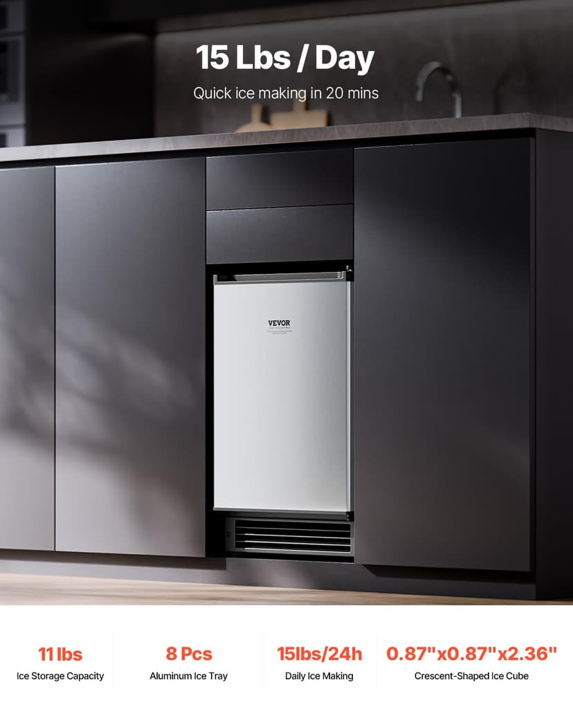 VEVOR Undercounter Built-in Ice Maker, 15 Lbs/Day Under Counter Ice Maker Machine with Reversible Door Stainless Steel, Freestanding Ice Maker for Commercial Home Kitchen, No Drain Required