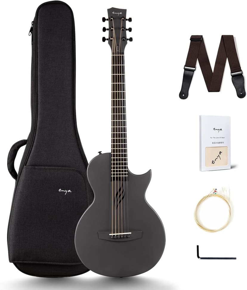 Enya Nova Go Carbon Fiber Travel Acoustic Guitar | 1/2 Size Lightweight Moisture-Proof Guitara | Adult & Beginner Portable Guitar with Gig Bag & Accessories (Black)