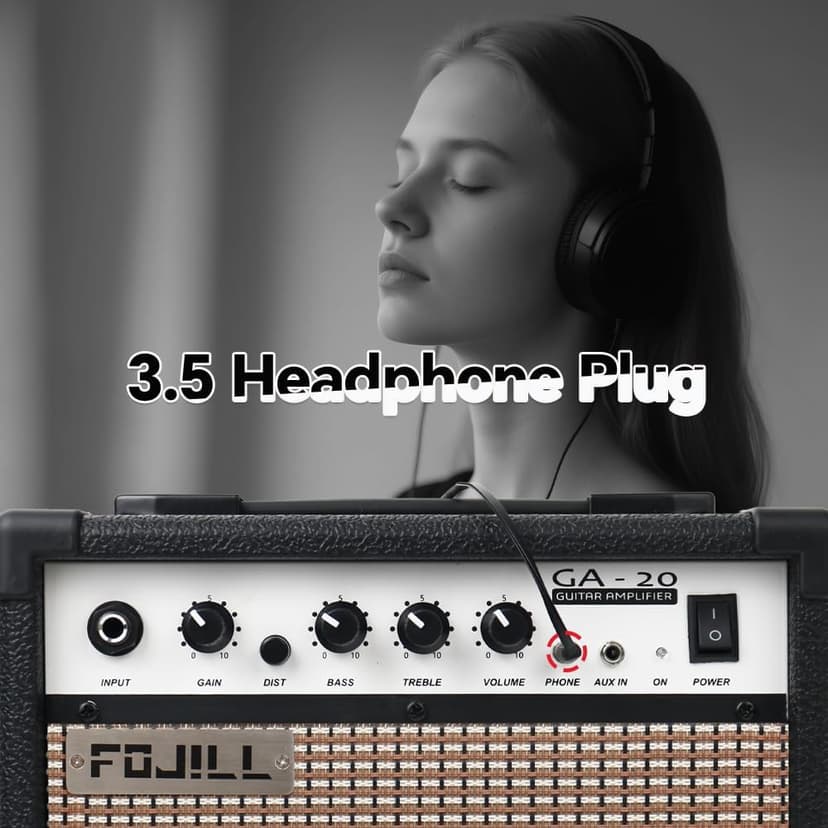 Fojill 20W Watt Electric Guitar Amplifier Amp Practice Small Portable Travel Mini Amp with 3.5 Headphone Jack Aux Distortion Gain Treble Bass Volume (Black, 20W)