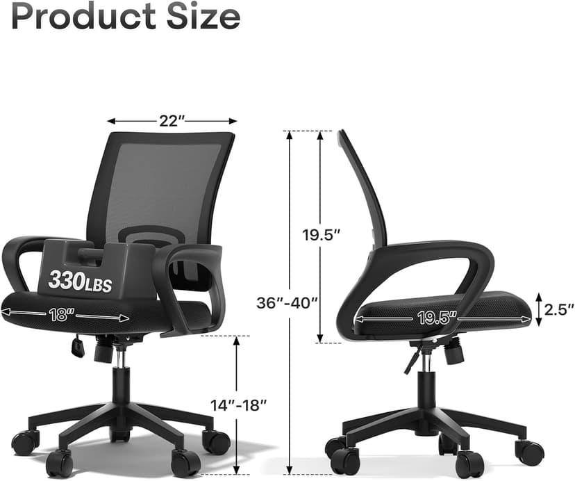 Ergonomic Office Chair - 330Lbs, Breathable Mesh Computer Desk Chair with Lumbar Support & Armrest, Rolling Swivel Adjustable Tilt Lock for Home Office/Gaming, Bedroom Study