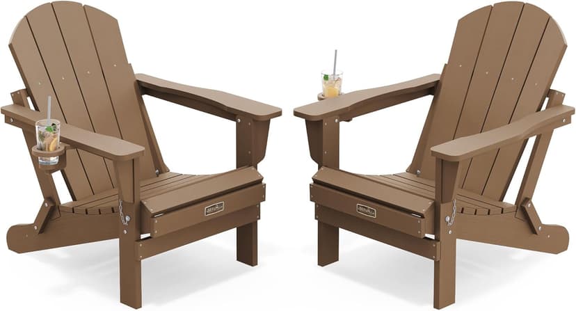 SERWALL Folding Adirondack Chair Set of 2 Outdoor Chairs Painted Adirondack Chair with Cup Holder Weather Resistant for Patio Deck Garden, Backyard Deck, Fire Pit- Brown