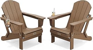 SERWALL Folding Adirondack Chair Set of 2 Outdoor Chairs Painted Adirondack Chair with Cup Holder Weather Resistant for Patio Deck Garden, Backyard Deck, Fire Pit- Brown