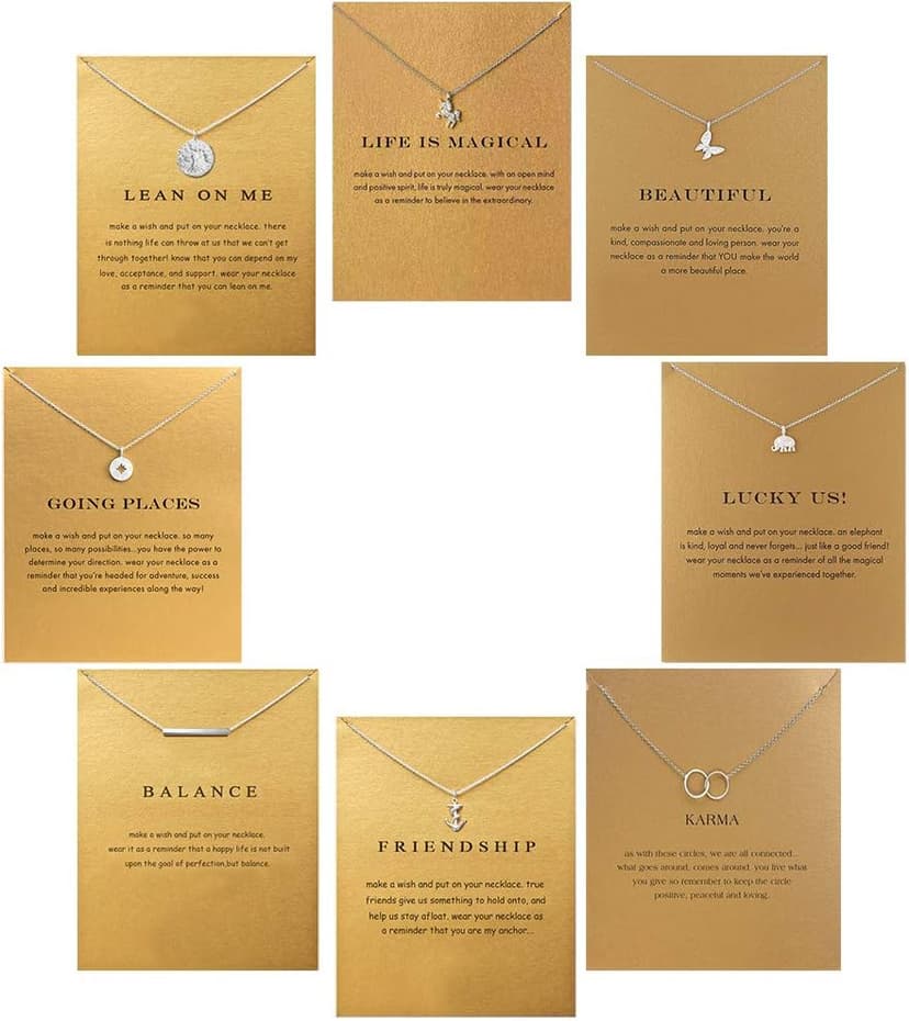 8Pack Friendship Unicorn Necklace Set Good Luck Elephant Pendant Chain Necklace with Message Card Party Favors Birthday for Women (Silver)