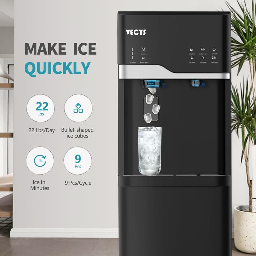 VECYS Self-Clean Bottom Loading Ice Maker Water Dispenser for 5 Gallon Bottle, Hot Cold Room Water 22LBS Daily Ice Making, Child Safety Lock, Black