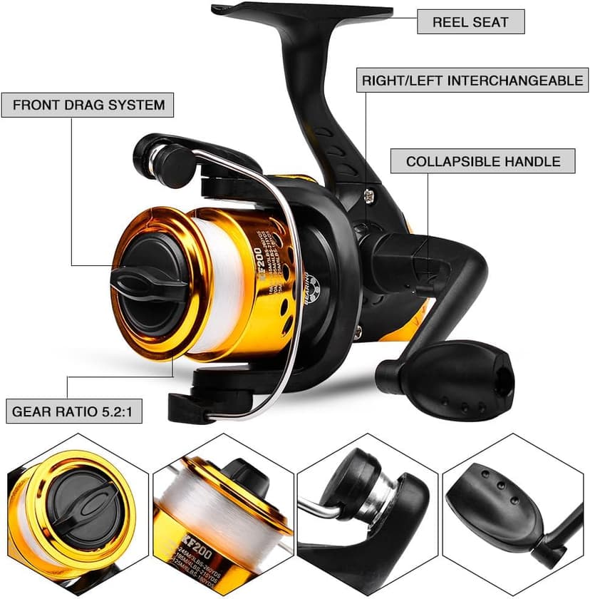 Fishing Reel 5.2:1 Gear Ratio Compact Design Includes Fishing Line for Portable Angling, Shore, Boat, Travel