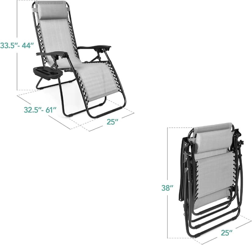 Best Choice Products Set of 2 Adjustable Steel Mesh Zero Gravity Lounge Chair Recliners w/Pillows and Cup Holder Trays - Ice Gray