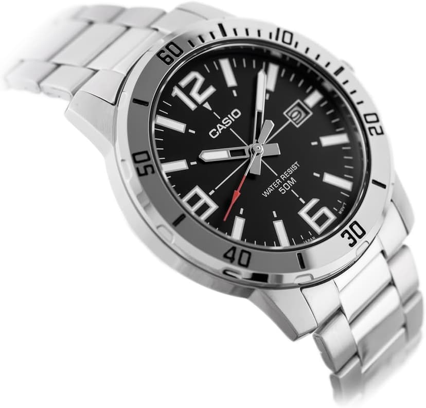 Casio MTP-VD01D-1BV Men's Enticer Stainless Steel Black Dial Casual Analog Sporty Watch, Silver, 48×42×10.7mm, Quartz Movement