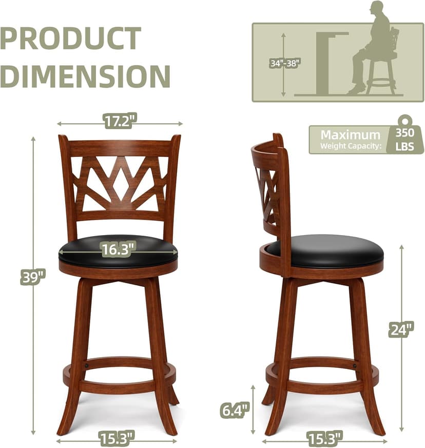 Swivel Barstools Set of 4, Farmhouse 24" Counter Height Bar Stools with Backs, Lotus Pattern Carved Bar Chair with Solid Wood Legs & Footrest for Kitchen Island, Home Bar, Pub. Brown
