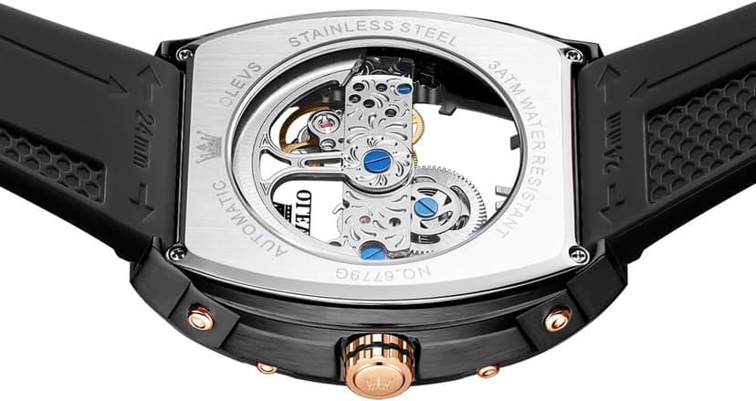 OLEVS Watch for Men Skeleton Automatic Tonneau Silicone Strap Business Luxury Waterproof Luminous Mechanical Men Wrist Watch