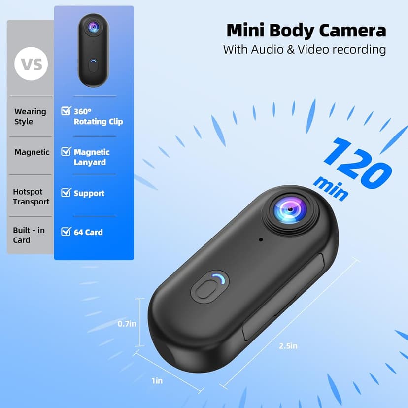 4K Mini Body Camera, Thumb POV Portable Body Cam Sports Action Camera Hands Free Waterproof Recording Wearable Camera Personal Camcorder Helmet Mounted Sports for Cycling, Motorcycle Vlogging (Black)