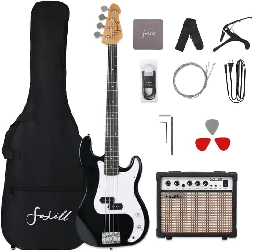 Fojill Full Size 4 Four String Electric Bass Guitar 20W Amplifier Amp Right Hand Beginner Starter Kit Set Combo Bundle Accessory Gig Bag,Strap,Picks,Capo,Noiselss Cable,Strings (Black)