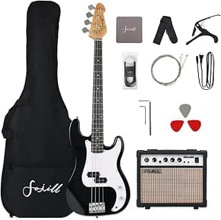 Fojill Full Size 4 Four String Electric Bass Guitar 20W Amplifier Amp Right Hand Beginner Starter Kit Set Combo Bundle Accessory Gig Bag,Strap,Picks,Capo,Noiselss Cable,Strings (Black)
