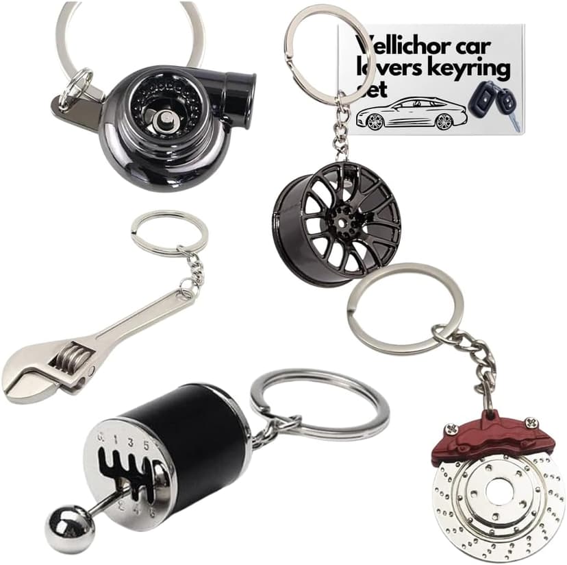 5pc Car Lovers Key Chain Set - Manual Gear Shifter | Wheel Rim | Spanner | Turbo | Brake Disc Keychain | Auto Enthusiast Gift Set | Car Truck Bike | Parts Keyring B0BZ8L2BS2
