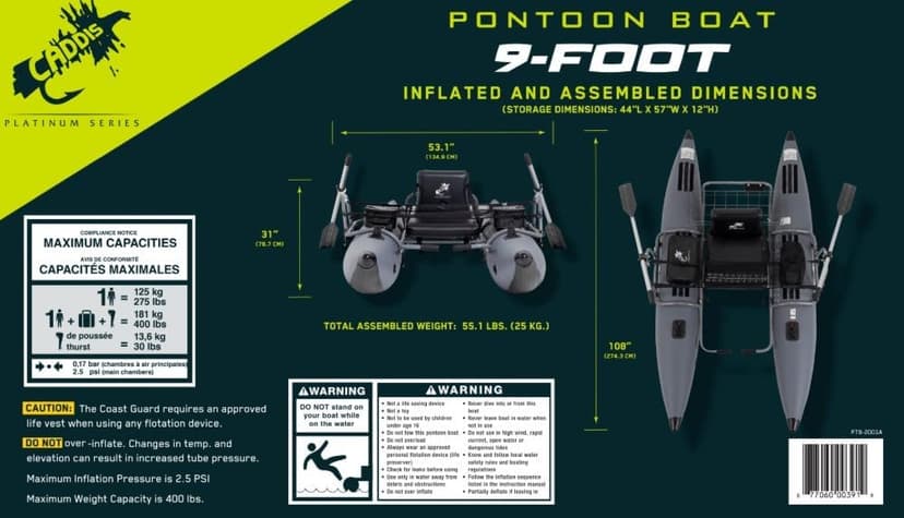 CADDIS Full Frame Pontoon Fishing Boat Made with Steel/Aluminum for 1 Person – 8/9 Foot Options, Lightweight with Motor Mount, Collapsible Frame and Reinforced Bladderless PVC Pontoons