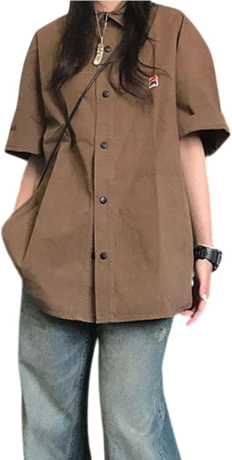 UICIOP Korean Version Women's Shirt Retro Lapel Button up Shirt Women's Summer Loose Casual Short Sleeved top