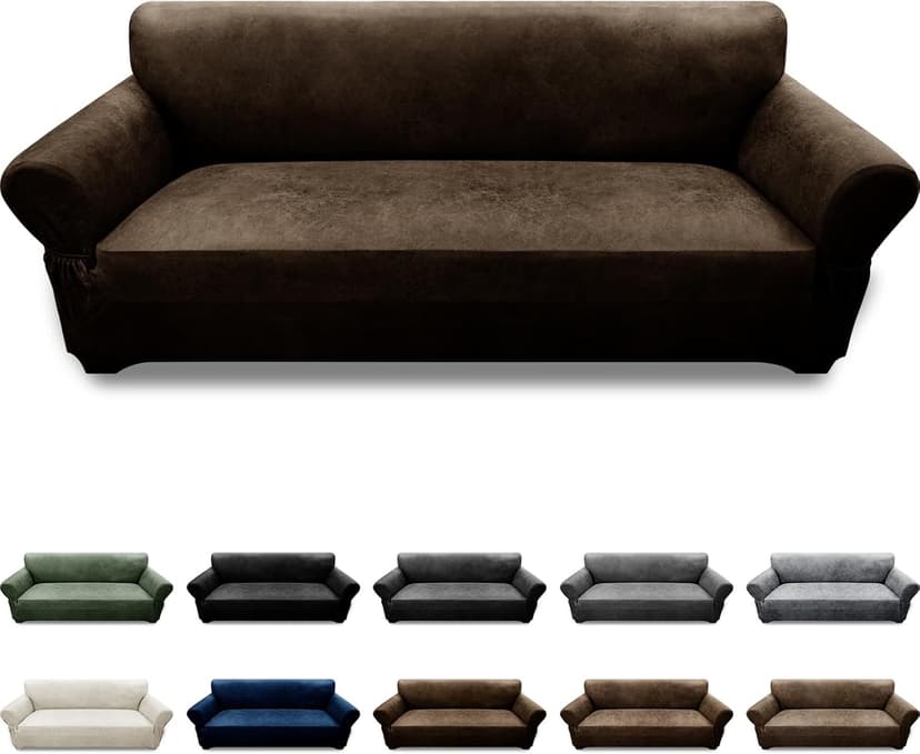 Pfrstuv Couch Cover Leather Look 3 Seater Couch Sofa Cover 1-Piece Sofa Slipcover Stretch Furniture Protector with Elastic Bottom & Pockets(Sofa, Coffee)