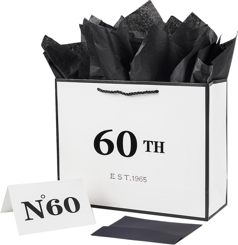 Jaywayang 60th Birthday White and Black Large Gift Bag with Card and Tissue Paper, Metallic Printing Keepsake Gift Vintage Bag for Men Women, 1965 Mom Dad 60 Year Old Party Paper Bag for Gifts Wrapping, Anniversary.