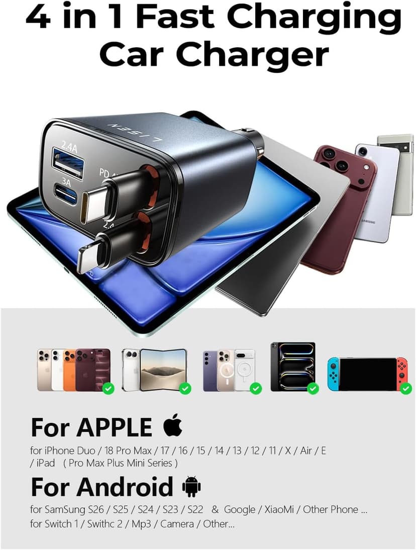 LISEN Retractable Car Charger, 69W USB C Car Accessories Adapter for iPhone 17 USB C Charger Fast Charging, Gifts for Women Men, Travel Essentials, for iPhone 17 Pro Max Air 16 15 14 13 12 Samsung S25