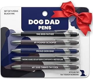 Funny Dog Dad Gift Pen Set – 5 Black Ink Ballpoint Pens with Stylus Tip & Metal Barrel with Doggy-Themed Quotes – Cool Dog Dad Gift for Men for Christmas, Stocking Stuffers, Birthday, Father’s Day