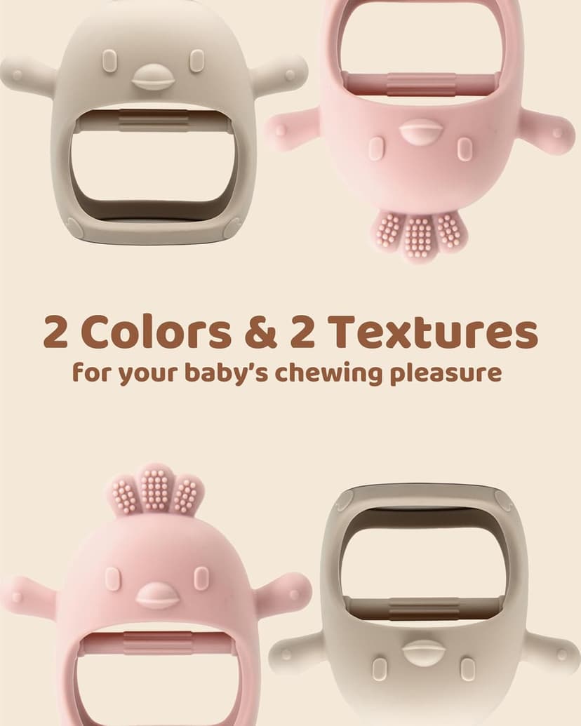 2 Pack Baby Teething Toy Silicone Teething Mitten for Babies Over 3 Months Anti Dropping Wrist Hand Teethers Baby Chew Toys for Sucking Needs, BPA Free (Pink & Caramel)