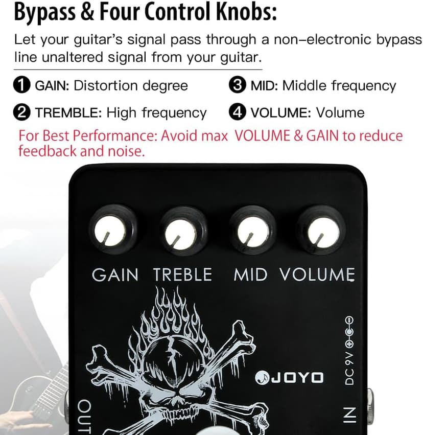 JOYO High Gain Distortion Pedal from AC/DC Crunch to Heavy Metal with Full Range EQ for Electric Guitar Effect - Bypass (JF-04)