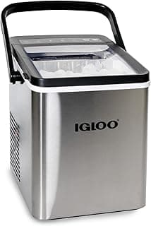 Igloo Handled Portable Ice Maker with Scoop- Ice Maker with LED Control Panel & 1 Quart Water Tank-Ice Cube Maker Produces 26 Lbs of Ice in 24 Hours with 9 Large or Small Cubes In 7 Minutes- Stainless