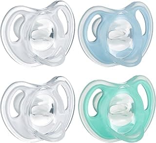Tommee Tippee Ultra-Light Silicone Pacifier, 0-6 Months, Symmetrical One-Piece Design, BPA-Free Silicone Binkies, Clear/Blue/Green, Pack of 4