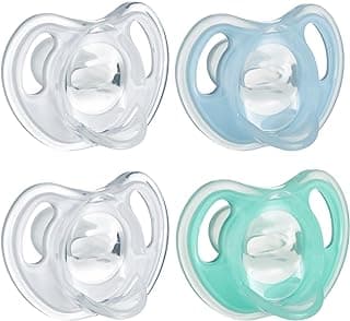 Tommee Tippee Ultra-Light Silicone Pacifier, 0-6 Months, Symmetrical One-Piece Design, BPA-Free Silicone Binkies, Clear/Blue/Green, Pack of 4
