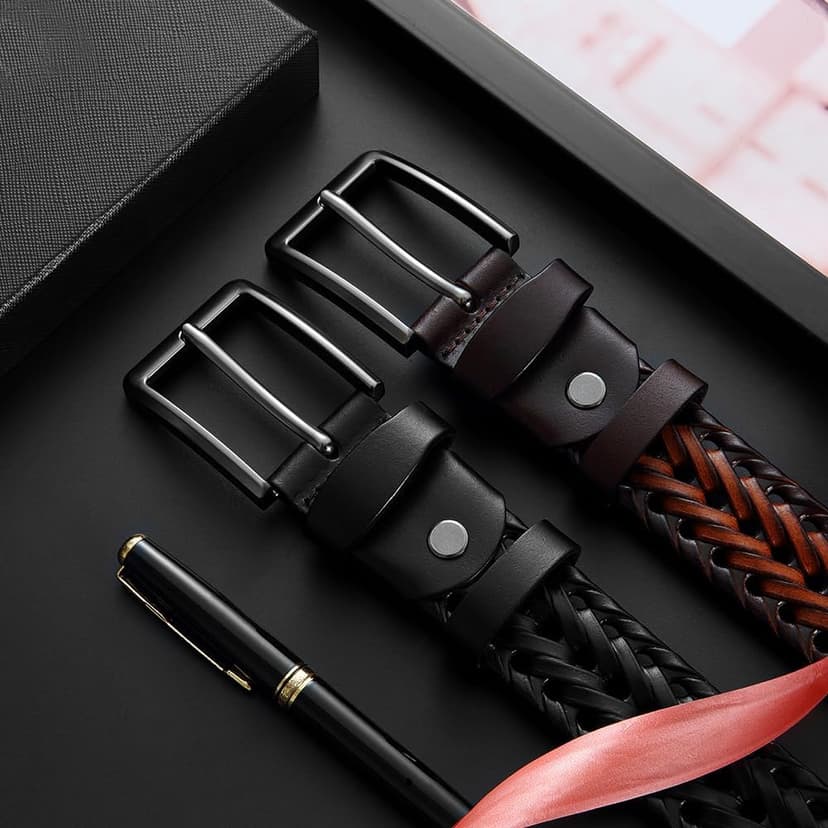 YOORAN Leather Braided Belts Men Golf Belt 1 3/8" Woven Belt Casual Jeans Gift Box