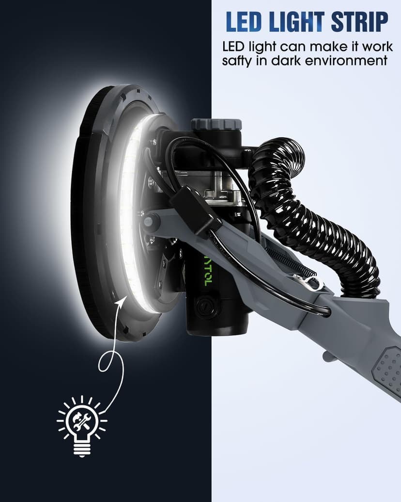 MYTOL Drywall Sander, 7.2A Electric Drywall Sander with Vacuum Dust Collection, LED Light, 6 Variable Speed Digital Display 900-1800RPM, Foldable & Extendable Handle (GREY)