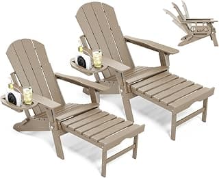 NAVINE Adjustable Adirondack Chair with Retractable Ottoman Set of 2, HDPE Folding Adirondack Chair with Cup Holder, All Weather Fire Pit Chair for Outdoor.